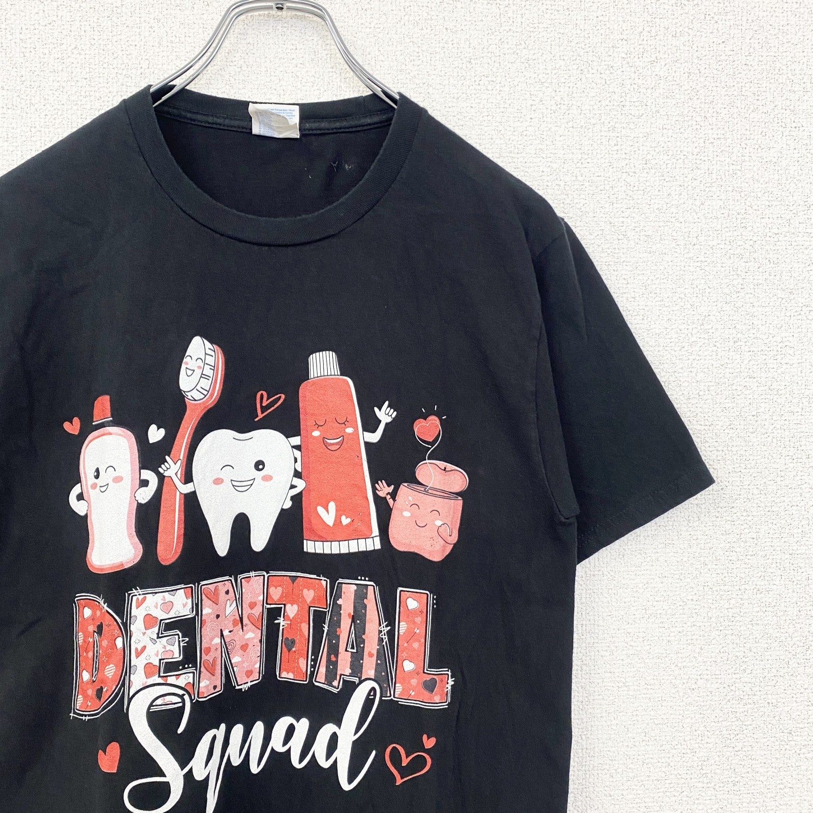 PORT＆COMPANY　半袖プリントロゴTシャツ　3連プリント　ハート　歯磨きセット　英字プリント　黒　ブラック　Sサイズ　古着