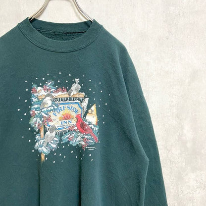 古着 used　長袖クルーネックプリントスウェット　トレーナー　鳥　bird　動物　アニマル　雪　緑　グリーン　秋冬服　Mサイズ