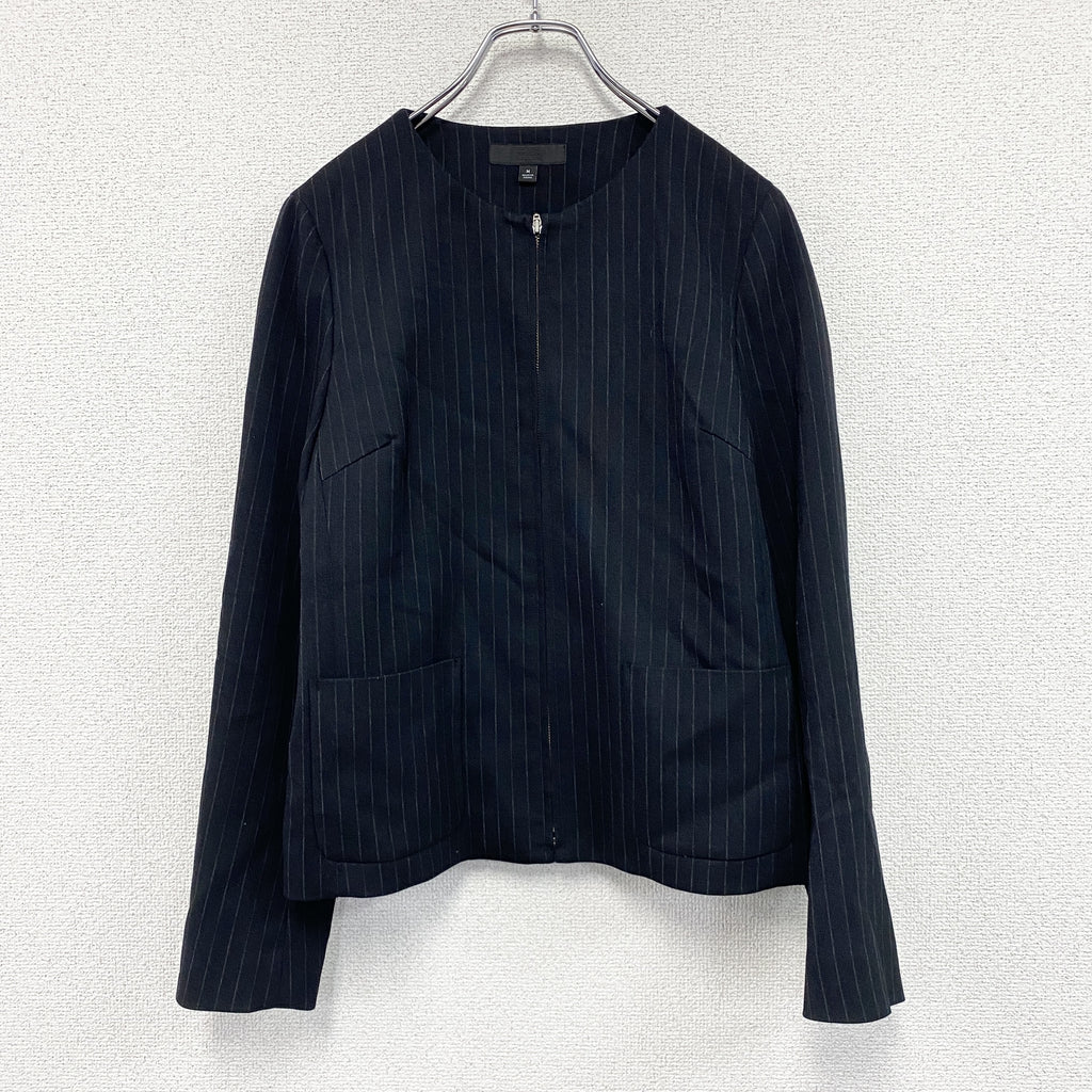 UNIQLO　ユニクロ　ノーカラージップアップジャケット　ストライプ柄　紺　ネイビー　Mサイズ　古着