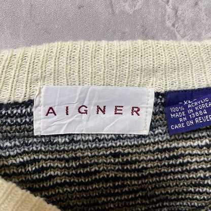 古着 used　AIGNER アイグナー　長袖ニット　セーター　幾何学模様　総柄　マルチカラー　レトロデザイン　XLサイズ