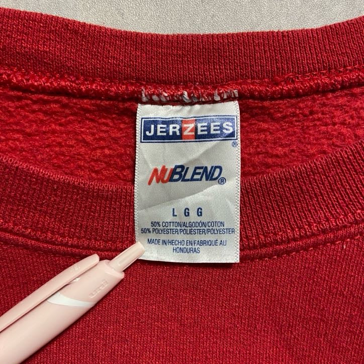 古着 used　JERZEES　長袖プリントスウェット　トレーナー　クルーネック　CABELLMIDLAND　赤　レッド　Lサイズ