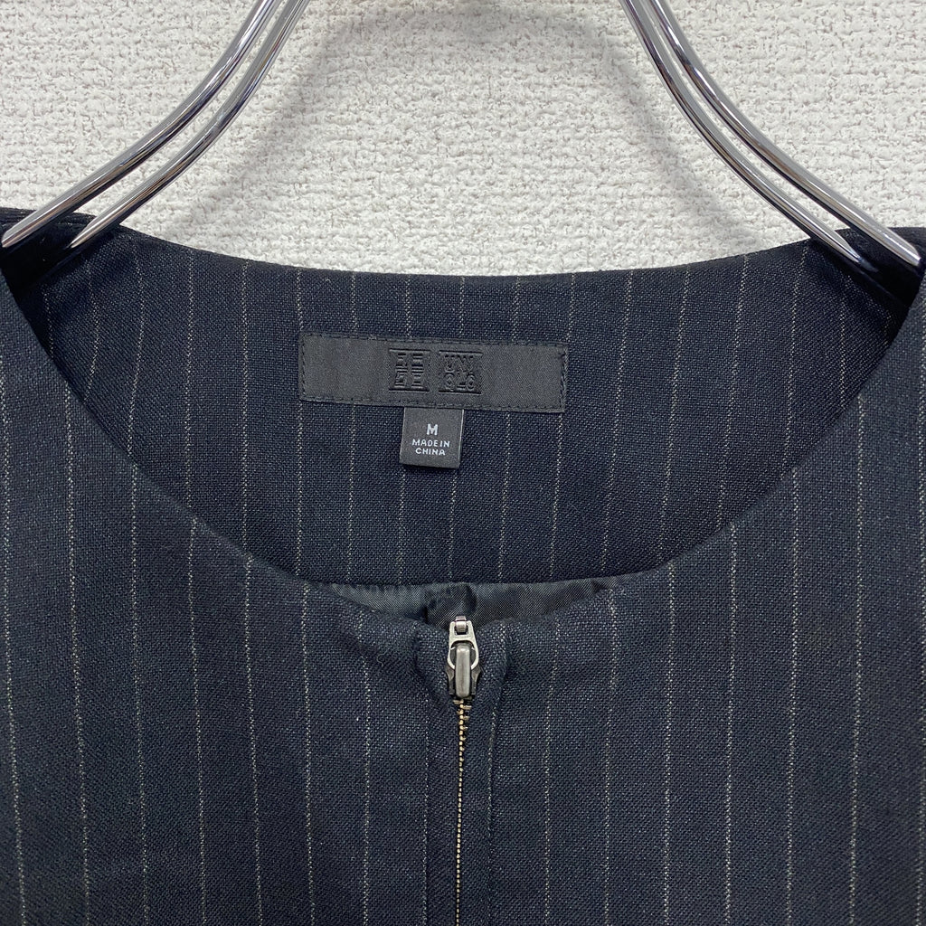 UNIQLO　ユニクロ　ノーカラージップアップジャケット　ストライプ柄　紺　ネイビー　Mサイズ　古着