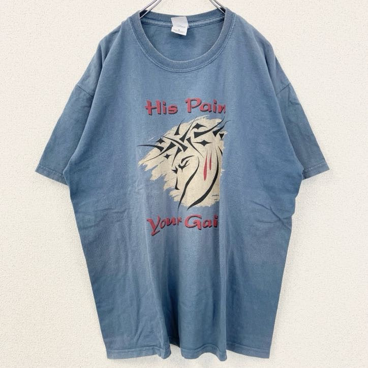 GILDAN　ギルダン 半袖プリントTシャツ　メッセージ　オーバーサイズ　レトロ　青　ブルー　XLサイズ　古着