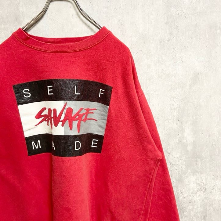 長袖ビッグプリントスウェット　トレーナー　クルーネック　SELFMADE　赤　レッド　秋冬服　Lサイズ　古着