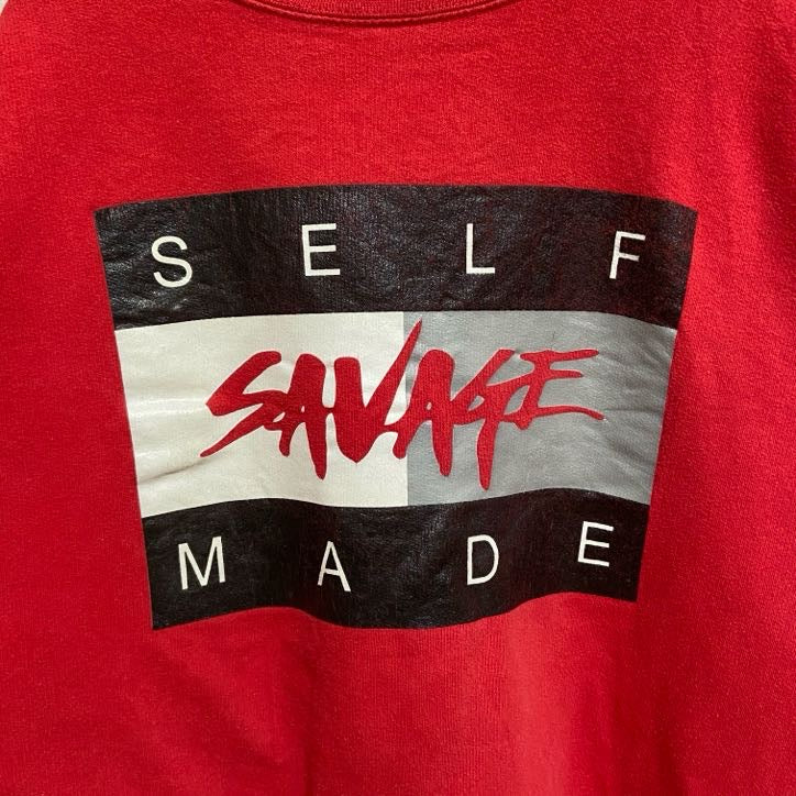 長袖ビッグプリントスウェット　トレーナー　クルーネック　SELFMADE　赤　レッド　秋冬服　Lサイズ　古着