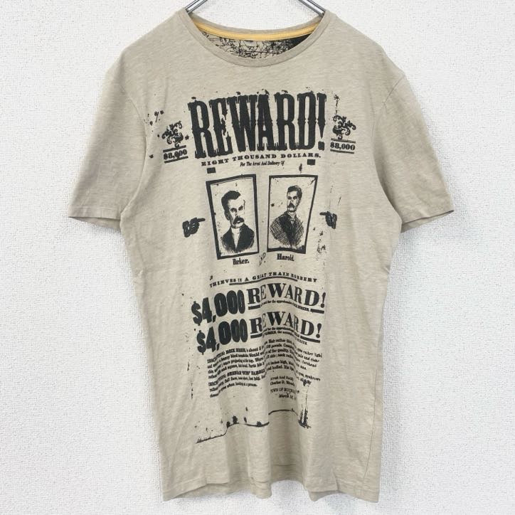 半袖プリントTシャツ　クルーネック　レトロデザイン　ベージュ　懸賞金　REWARD　アメカジ　夏服　　古着