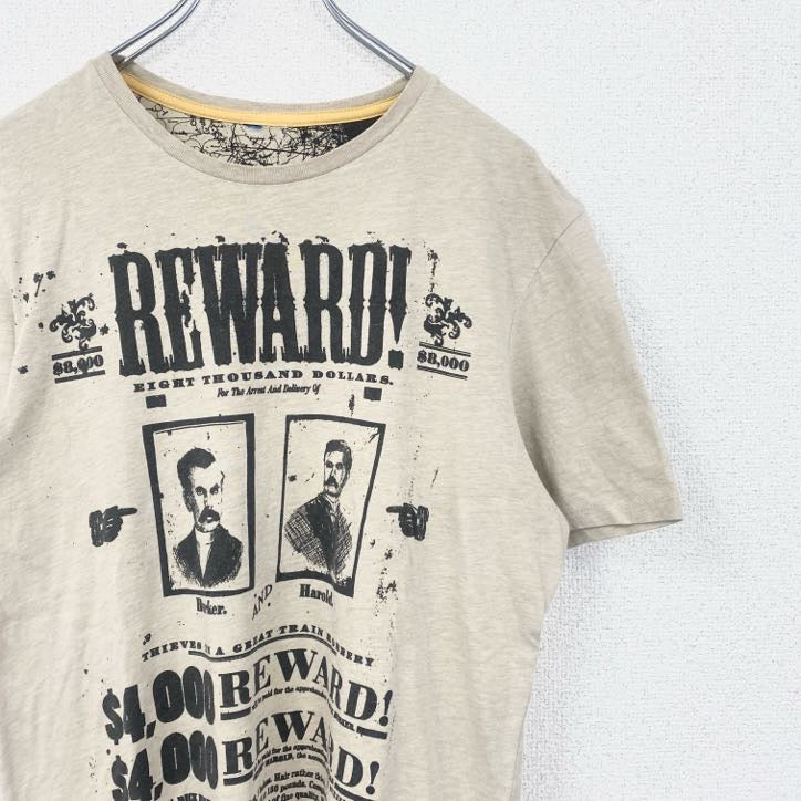 半袖プリントTシャツ　クルーネック　レトロデザイン　ベージュ　懸賞金　REWARD　アメカジ　夏服　　古着