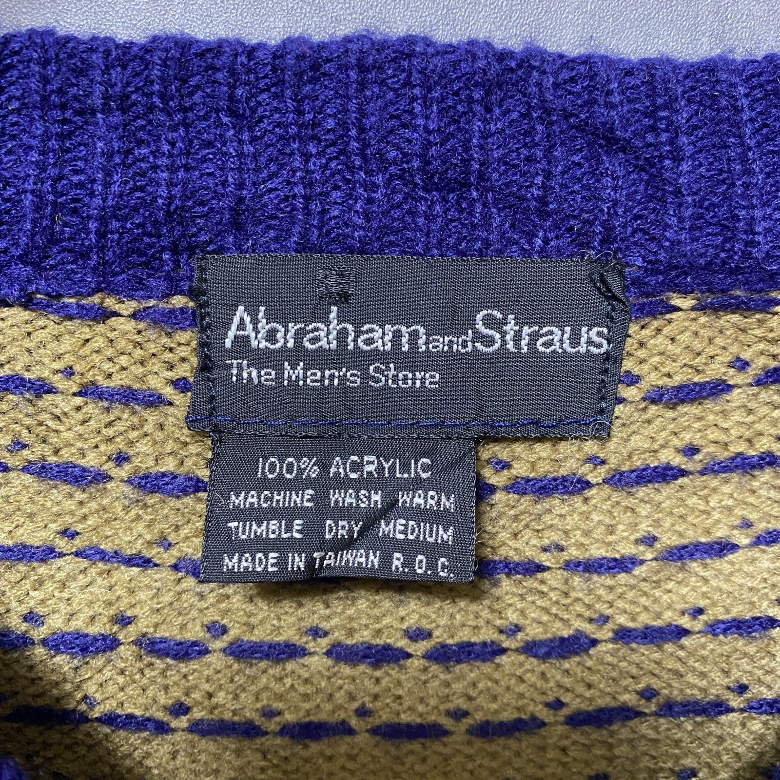 Abraham and Straus　長袖ニット　セーター　総柄　幾何学模様　ネイビー　紺　クルーネック　Mサイズ　古着