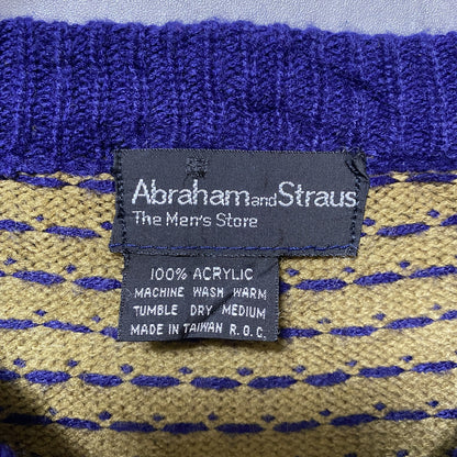 古着　used　Abraham and Straus　長袖ニット　セーター　総柄　幾何学模様　ネイビー　クルーネック　Mサイズ