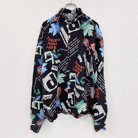 CARDCHE　長袖総柄デザインシャツ　マルチカラー　黒　ブラック　XLサイズ