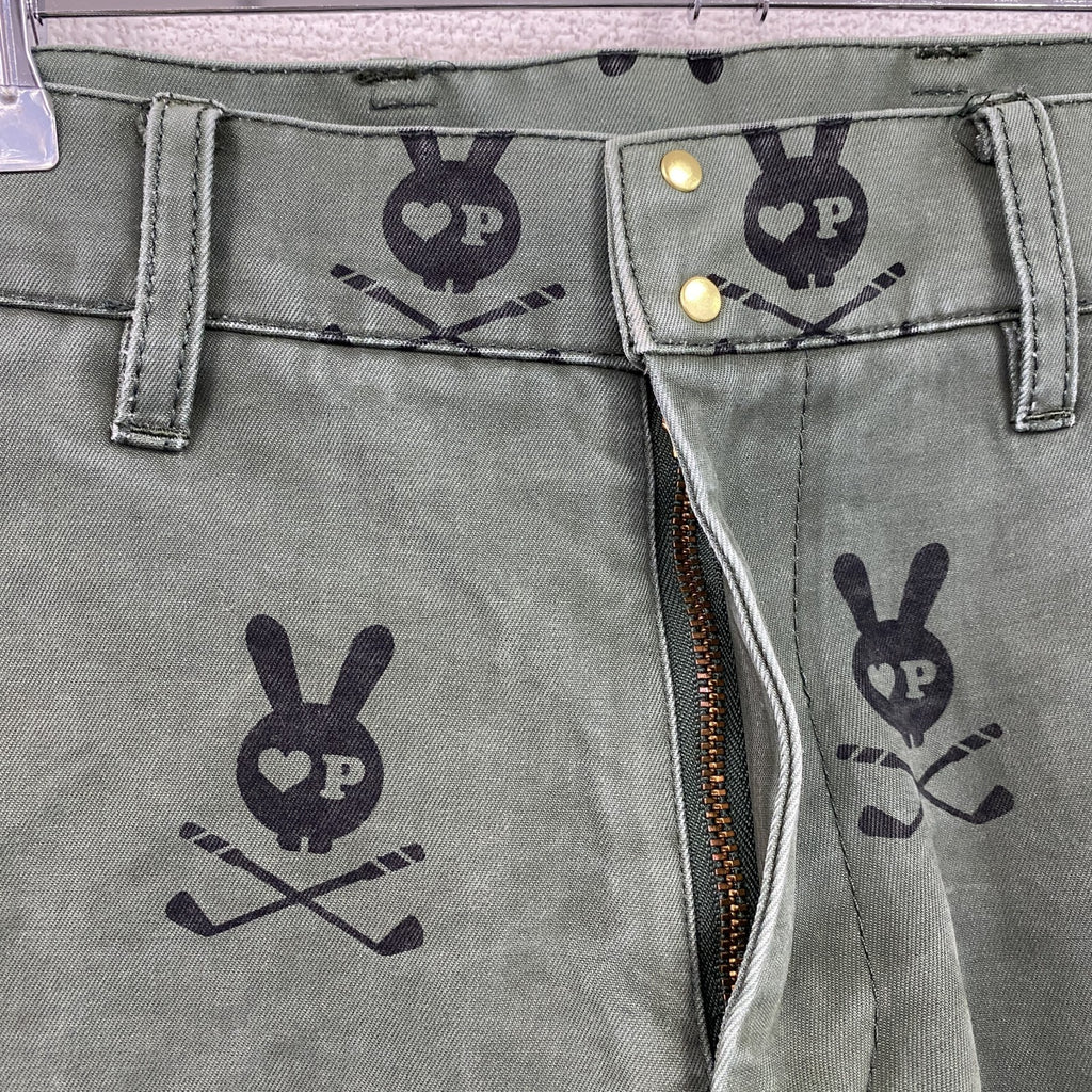 PEARLY GATES　パーリーゲイツ　チノストレッチパンツ　ウサギ柄　スカル　刺繍ロゴ　ゴルフ　緑　グリーン　4サイズ チノパン メンズ 古着