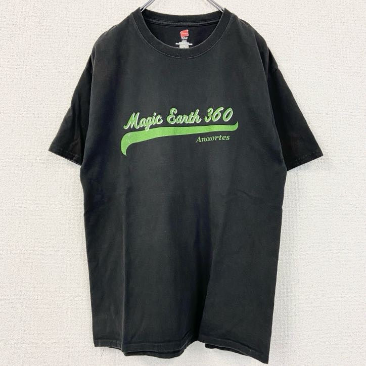 Hanes　ヘインズ　半袖プリントTシャツ　MUSIC　EARTH　360　ロゴ　黒　ブラック　Lサイズ　古着