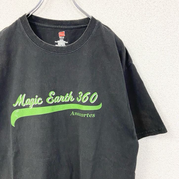 Hanes　ヘインズ　半袖プリントTシャツ　MUSIC　EARTH　360　ロゴ　黒　ブラック　Lサイズ　古着