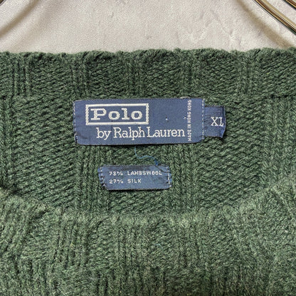 古着　used　Polo by Ralph Lauren　長袖厚手無地ニット　セーター　ラムウール　グリーン　XLサイズ