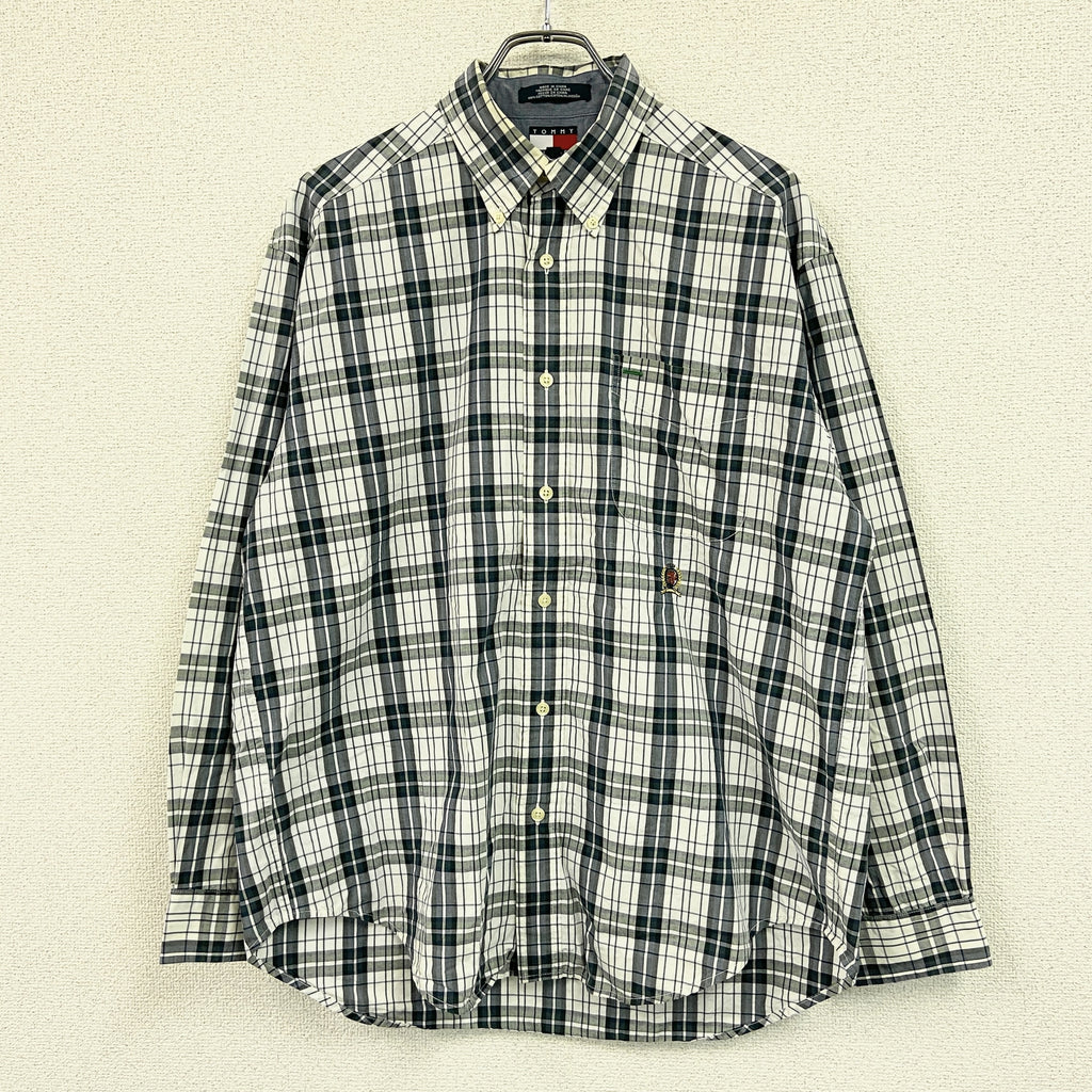 TOMMY HILFIGER　トミーヒルフィガー　長袖ボタンシャツ　チェック柄　白　ホワイト　Lサイズ メンズ コットン 古着