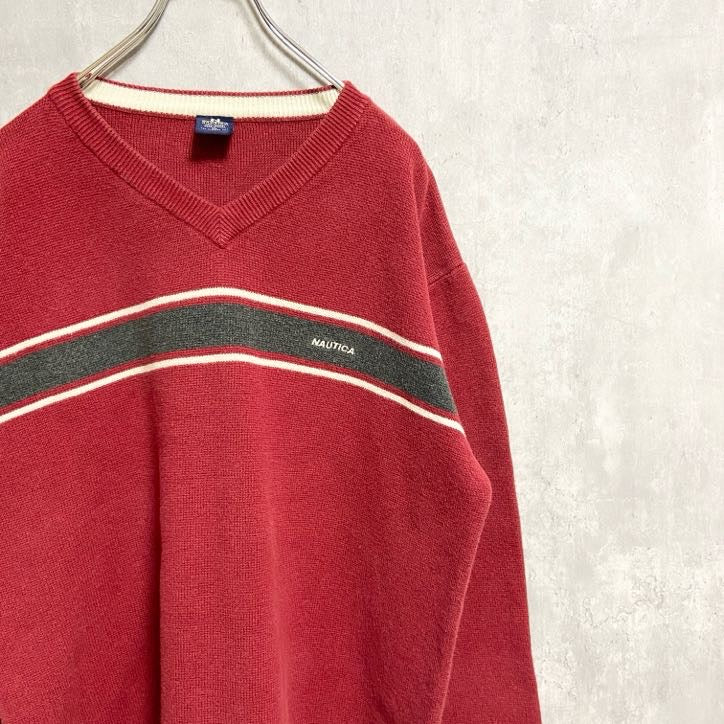 NAUTICA　ノーティカ　長袖Vネックニット　セーター　ワンポイントロゴ刺繍　赤　レッド　オーバーサイズ　XLサイズ　古着