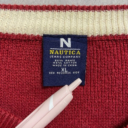 古着 used　NAUTICA　ノーティカ　長袖Vネックニット　セーター　ワンポイントロゴ刺繡　赤　オーバーサイズ　XLサイズ