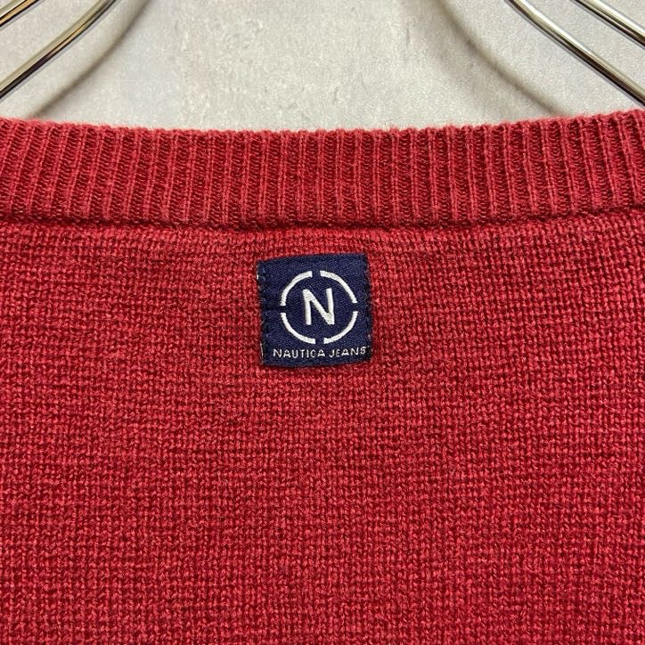 NAUTICA　ノーティカ　長袖Vネックニット　セーター　ワンポイントロゴ刺繍　赤　レッド　オーバーサイズ　XLサイズ　古着