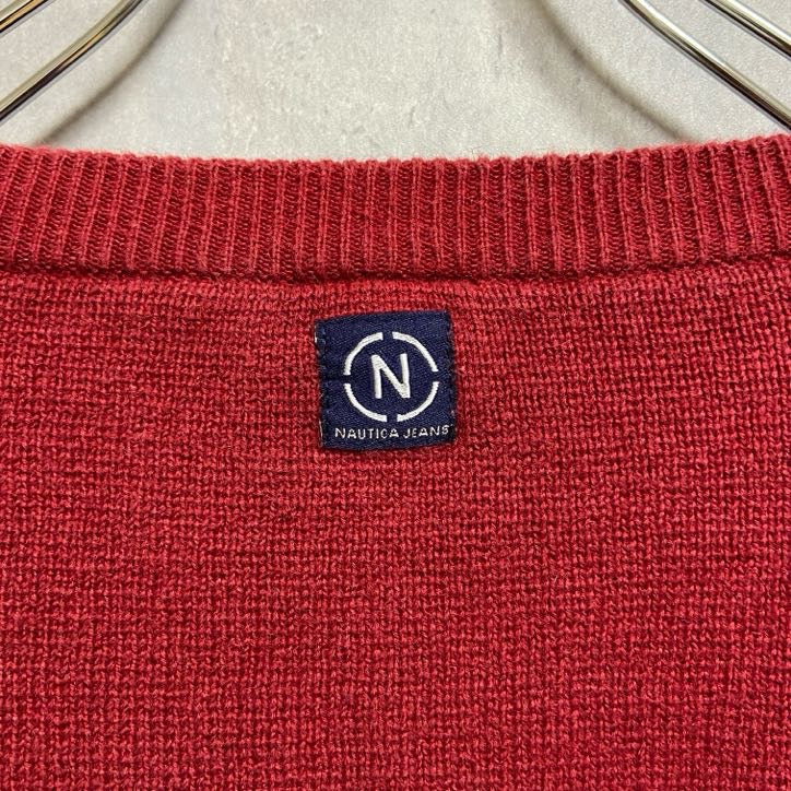 古着 used　NAUTICA　ノーティカ　長袖Vネックニット　セーター　ワンポイントロゴ刺繡　赤　オーバーサイズ　XLサイズ