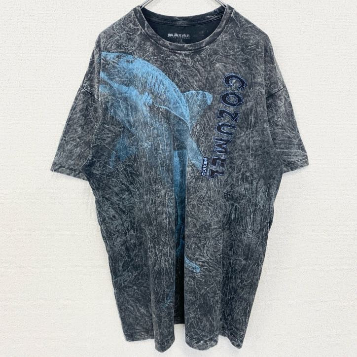 MAYAN　半袖デザインプリントTシャツ　サメ　マリン　メキシコ　コスメル島　黒　ブラック　ビッグシルエット　2XLサイズ　古着