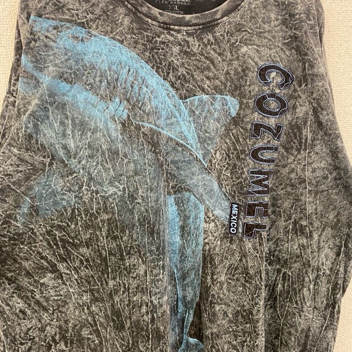 MAYAN　半袖デザインプリントTシャツ　サメ　マリン　メキシコ　コスメル島　黒　ブラック　ビッグシルエット　2XLサイズ　古着