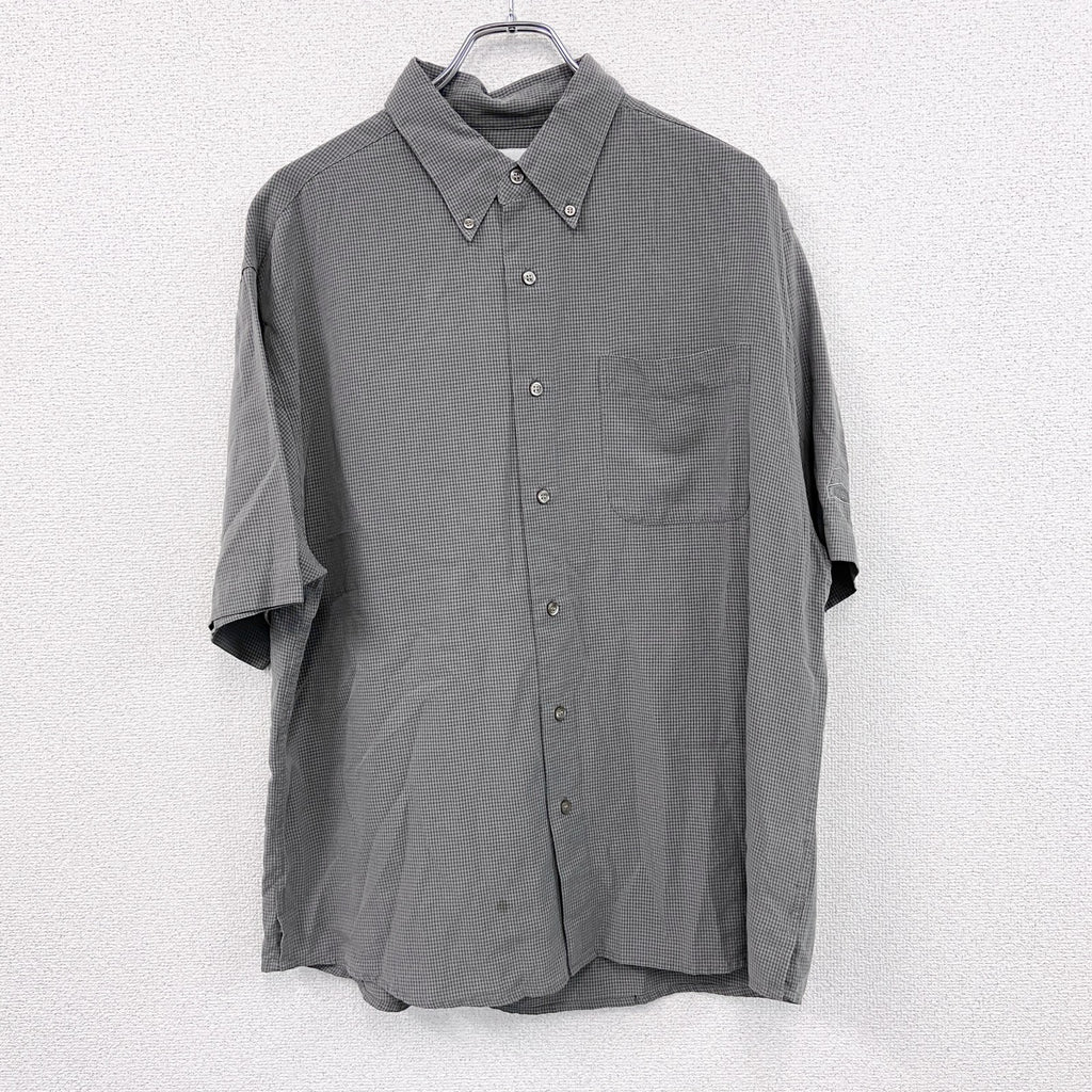 90s～　Tri-Mountain　半袖ボタンダウンシャツ　柄シャツ　チェック柄　総柄　灰色　グレー　Lサイズ　　ヴィンテージ　古着