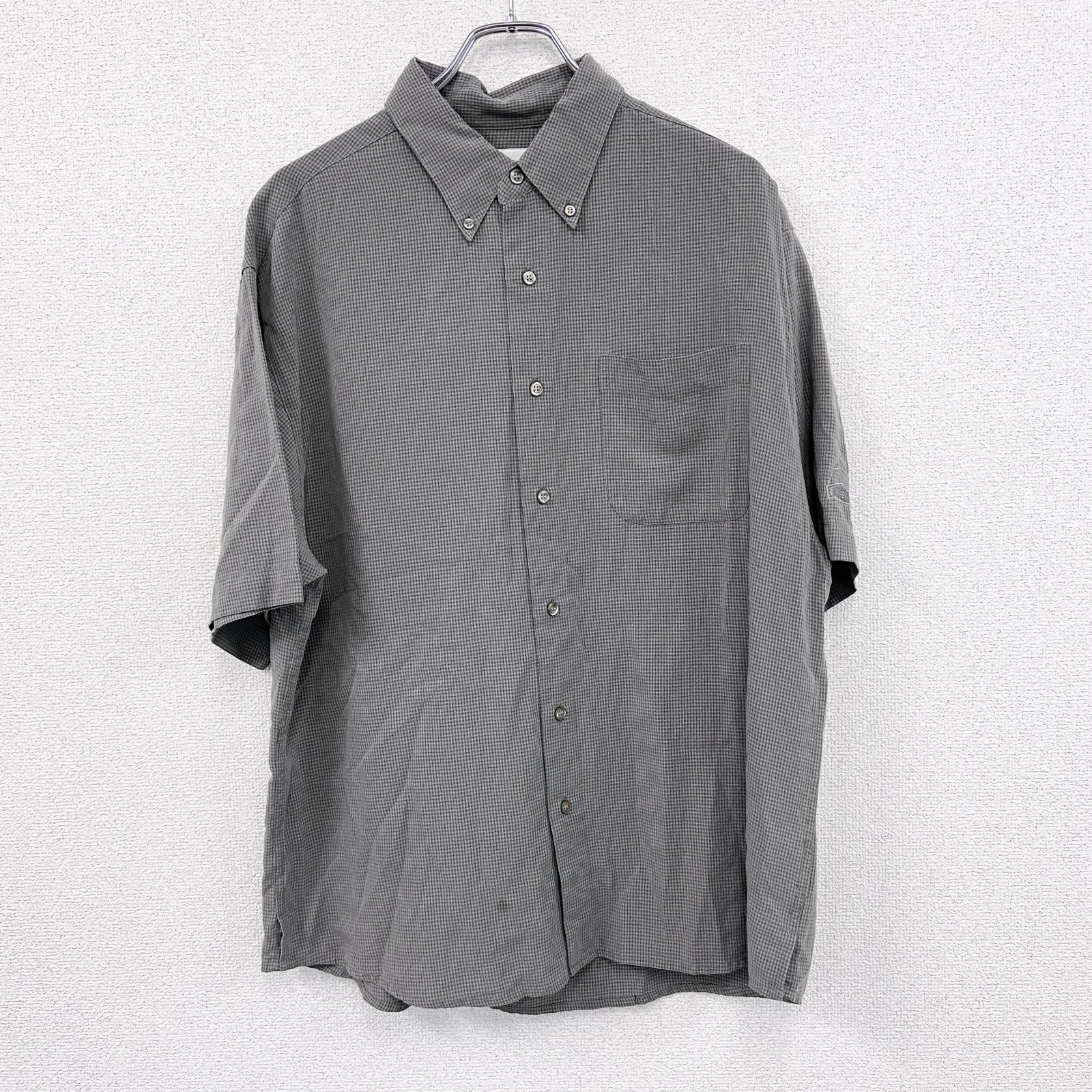 90s～　Tri-Mountain　半袖ボタンダウンシャツ　柄シャツ　チェック柄　総柄　灰色　グレー　Lサイズ　　ヴィンテージ　古着