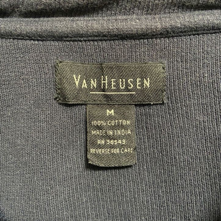 古着 used　VANHEUSEN　ヴァンヒューゼン　長袖ハーフジップボーダー柄スウェット　トレーナー　ネイビー　秋冬服　Mサイズ