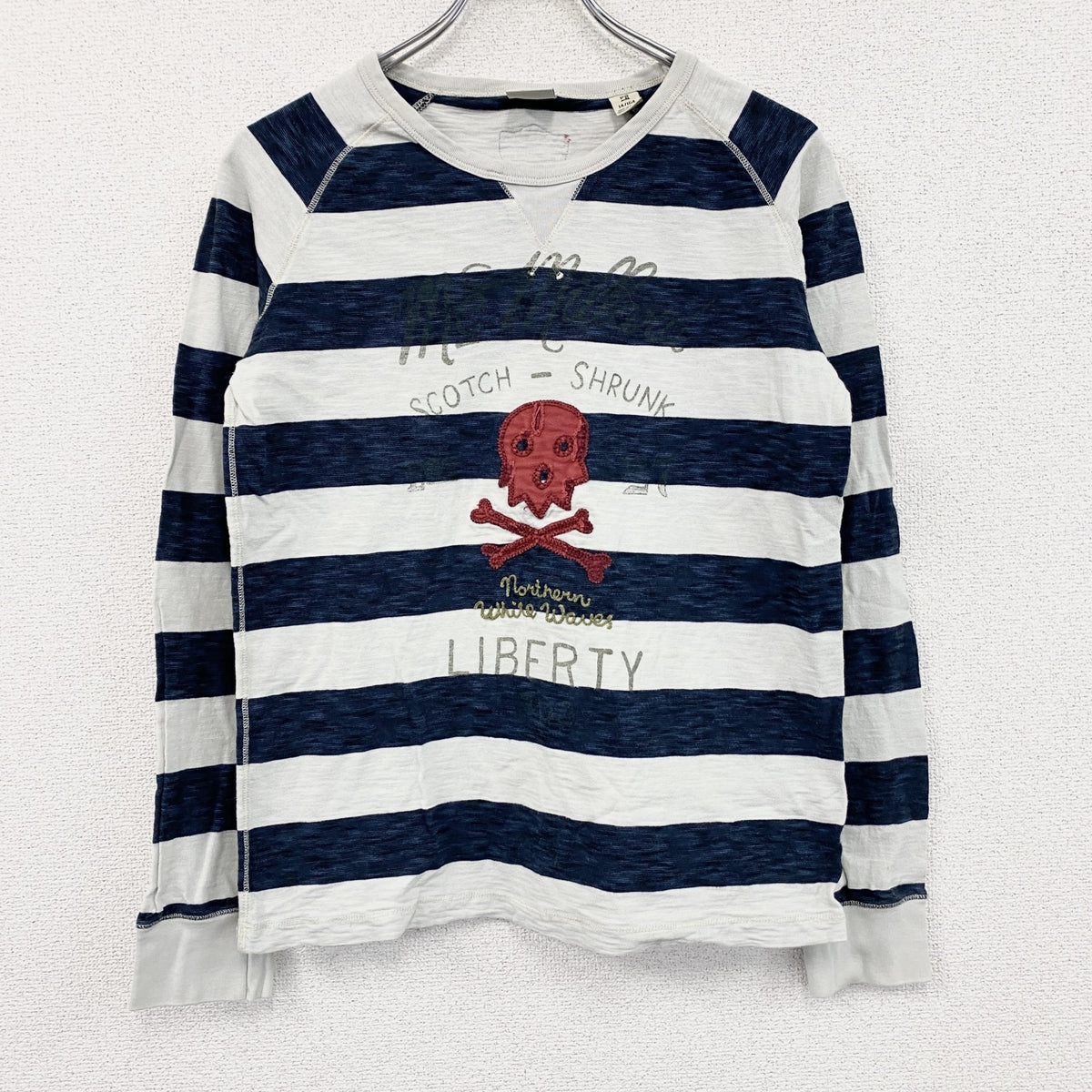SCOTCH SHRUNK　長袖プリントTシャツ　ボーダー柄　白　ホワイト　紺　ネイビー　古着
