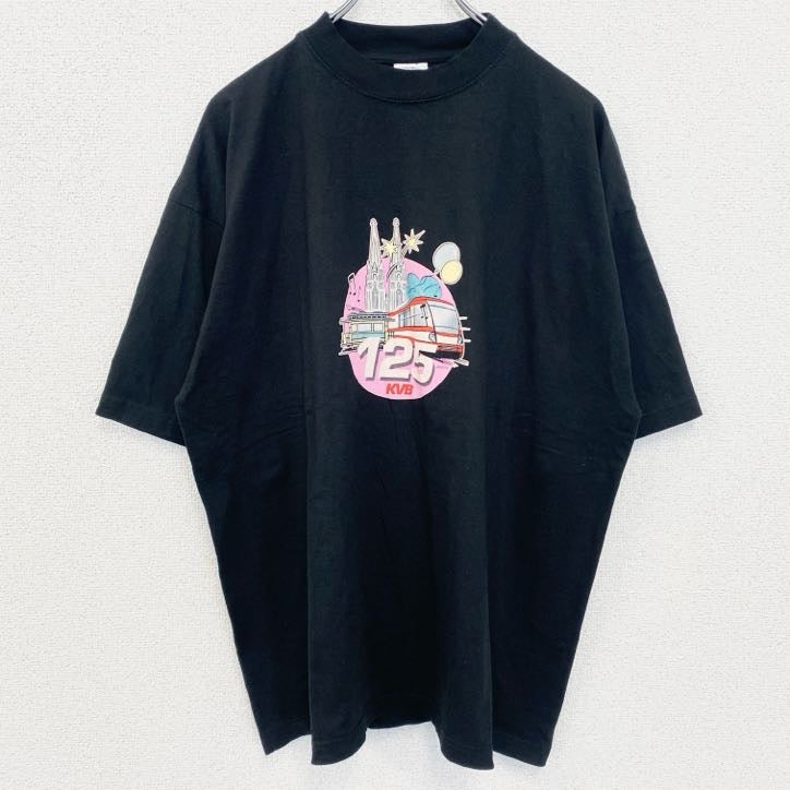 Hanes　ヘインズ　半袖デザインプリントTシャツ　クルーネック　電車　黒　ブラック　春夏服　XLサイズ　古着
