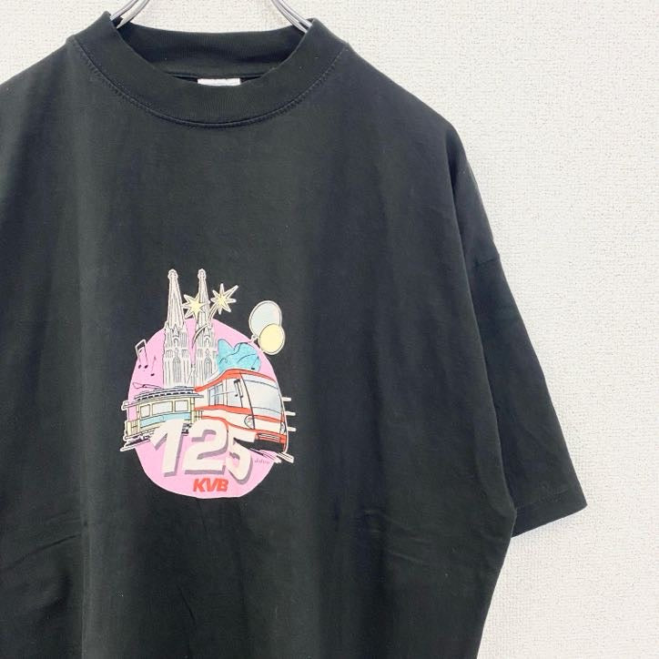 Hanes　ヘインズ　半袖デザインプリントTシャツ　クルーネック　電車　黒　ブラック　春夏服　XLサイズ　古着
