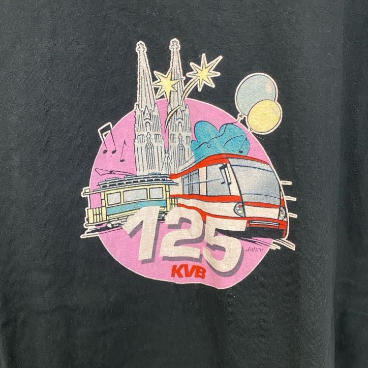 Hanes　ヘインズ　半袖デザインプリントTシャツ　クルーネック　電車　黒　ブラック　春夏服　XLサイズ　古着