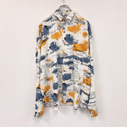 CARDCHE　長袖総柄デザインシャツ　マルチカラー　白　ホワイト　青　ブルー　黄色　イエロー　XLサイズ