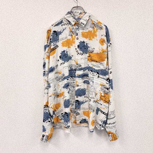 CARDCHE　長袖総柄デザインシャツ　マルチカラー　白　ホワイト　青　ブルー　黄色　イエロー　XLサイズ