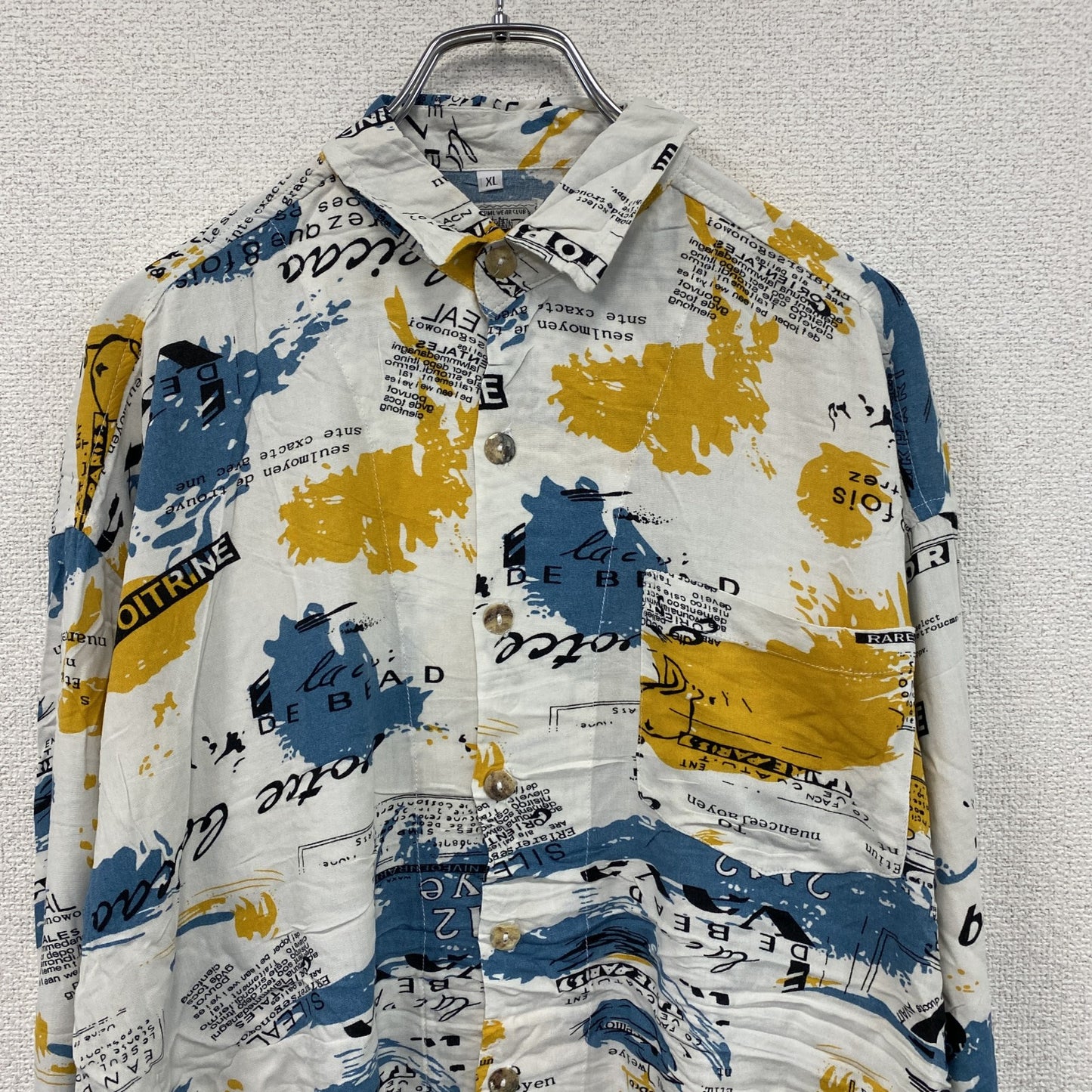CARDCHE　長袖総柄デザインシャツ　マルチカラー　白　ホワイト　青　ブルー　黄色　イエロー　XLサイズ