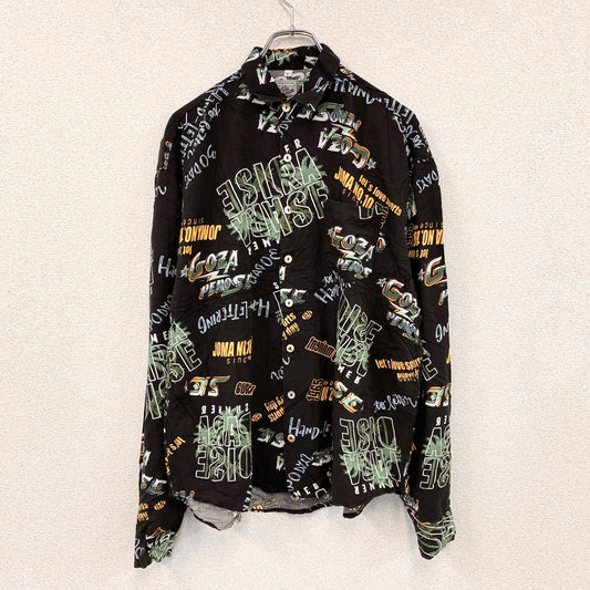 CARDCHE　長袖総柄デザインシャツ　マルチカラー　黒　ブラック　Lサイズ