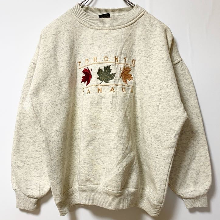 EDHAR　長袖刺繍デザインスウェット　クルーネックトレーナー　ベージュ　カナダ　トロント　Mサイズ　古着