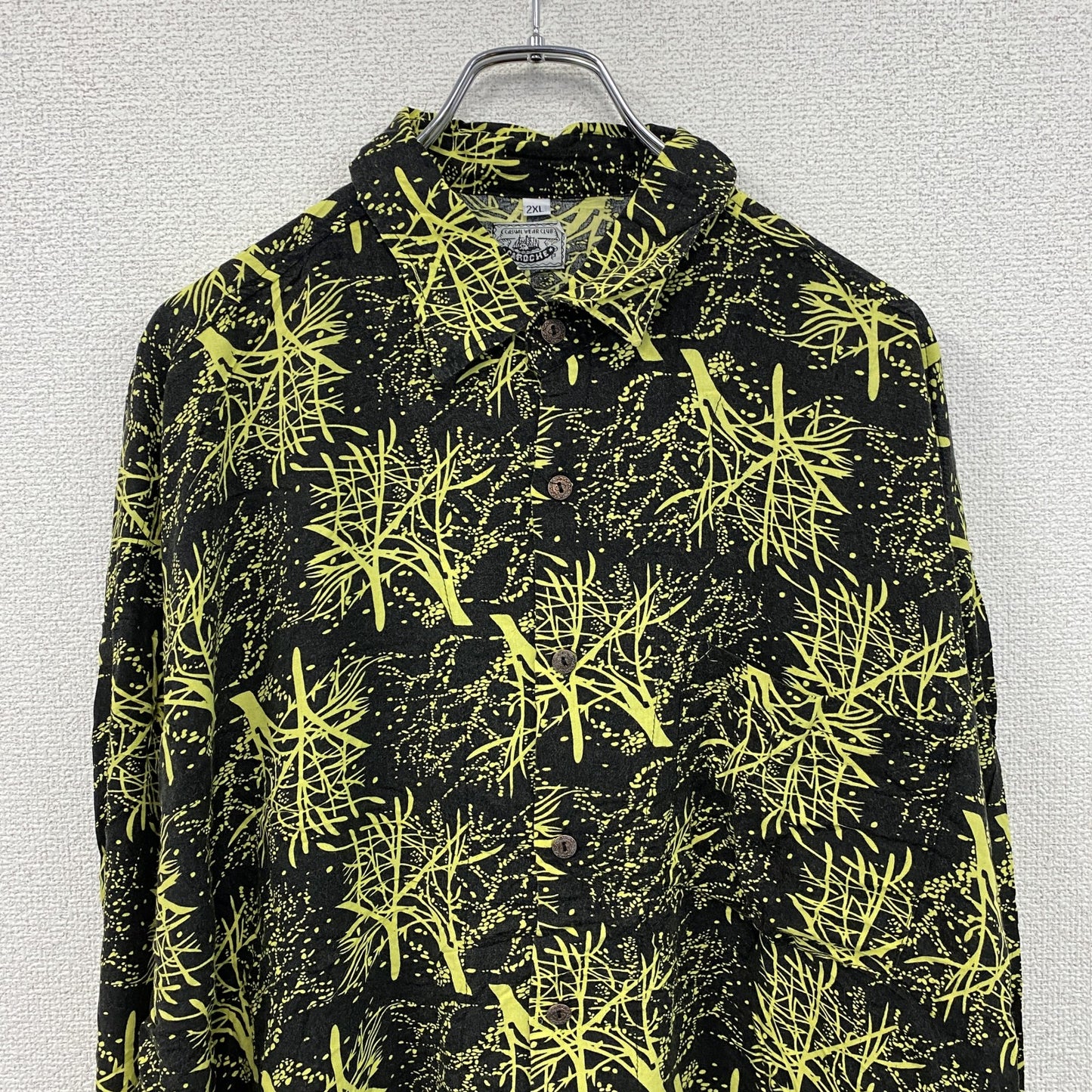 CARDCHE　長袖総柄デザインシャツ　黒　ブラック　黄色　イエロー　2XLサイズ