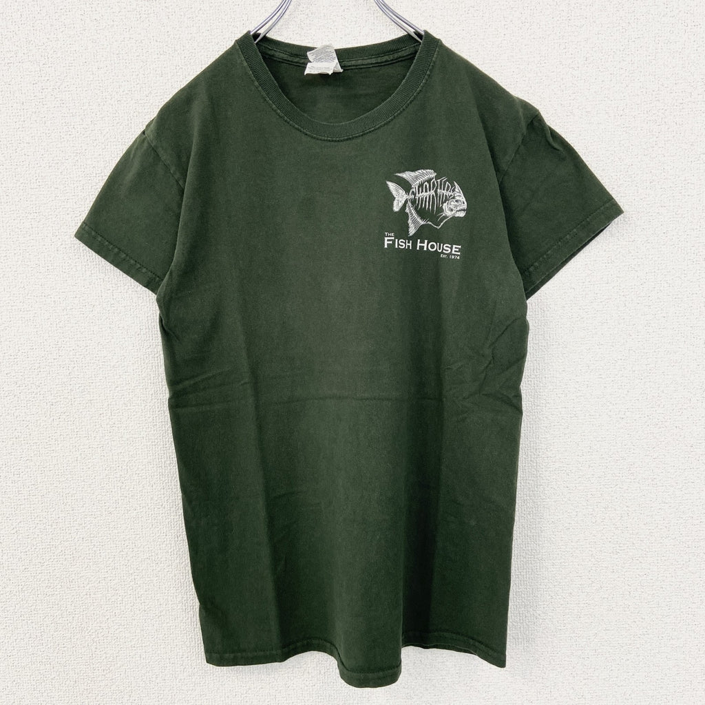 GILDAN ギルダン　半袖プリントデザインTシャツ　クルーネック　FISH HOUSE　緑　グリーン　レトロ　Sサイズ　古着
