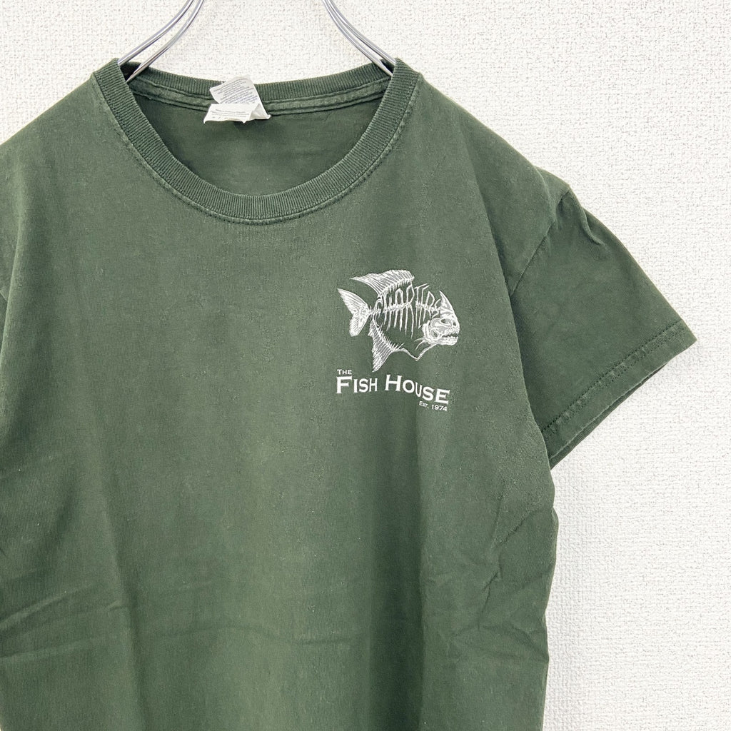 GILDAN ギルダン　半袖プリントデザインTシャツ　クルーネック　FISH HOUSE　緑　グリーン　レトロ　Sサイズ　古着