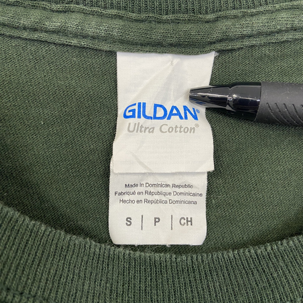 GILDAN ギルダン　半袖プリントデザインTシャツ　クルーネック　FISH HOUSE　緑　グリーン　レトロ　Sサイズ　古着