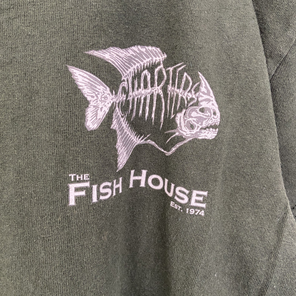 GILDAN ギルダン　半袖プリントデザインTシャツ　クルーネック　FISH HOUSE　緑　グリーン　レトロ　Sサイズ　古着