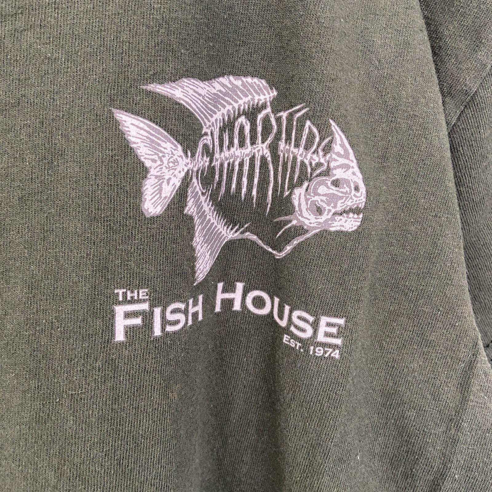 GILDAN ギルダン　半袖プリントデザインTシャツ　クルーネック　FISH HOUSE　緑　グリーン　レトロ　Sサイズ　古着