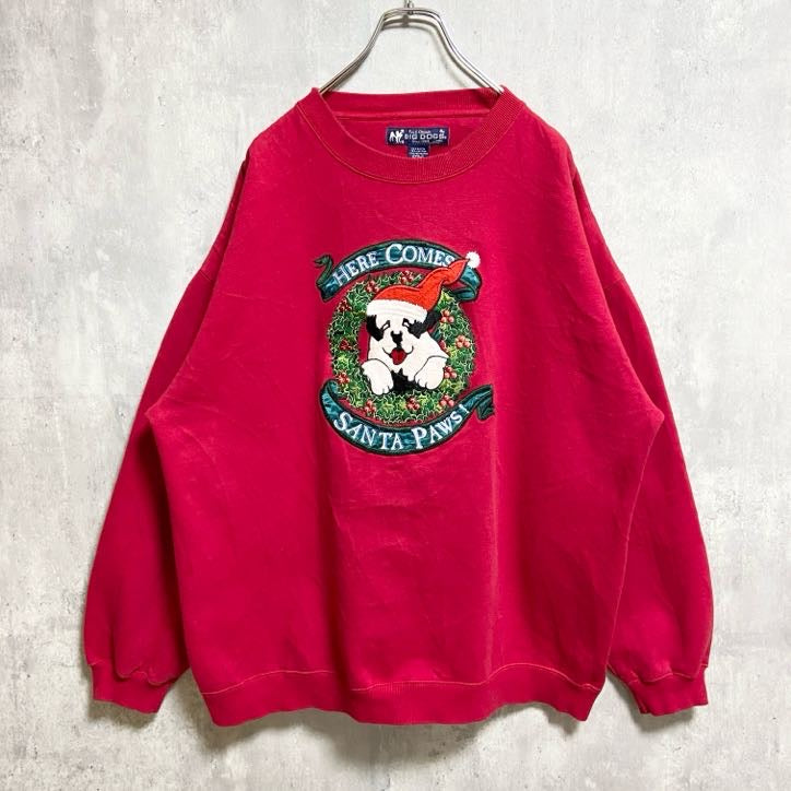 古着 used　BIGDOGS　長袖刺繍スウェット　トレーナー　クリスマス　SANTAPAWS　赤　オーバーサイズ　XLサイズ