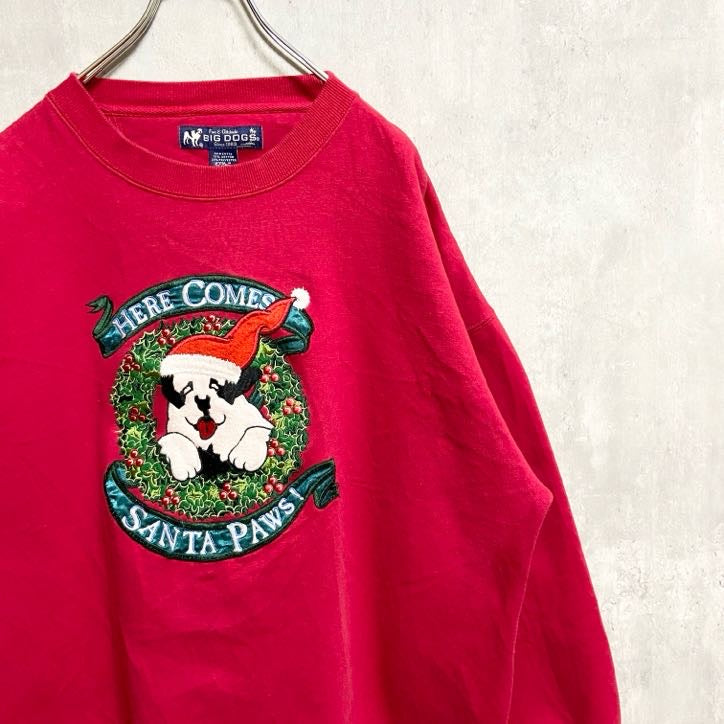 古着 used　BIGDOGS　長袖刺繍スウェット　トレーナー　クリスマス　SANTAPAWS　赤　オーバーサイズ　XLサイズ