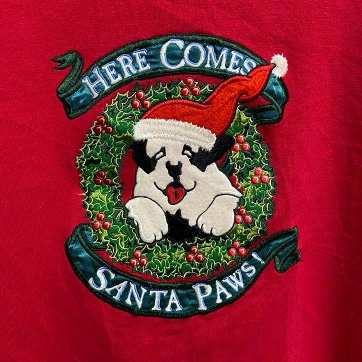 古着 used　BIGDOGS　長袖刺繍スウェット　トレーナー　クリスマス　SANTAPAWS　赤　オーバーサイズ　XLサイズ