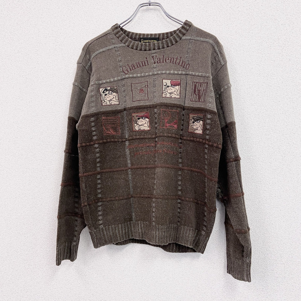 90s～　GIANNI VALENTINO　ジャンニ ヴァレンティノ　アクリルニットセーター　茶色　ブラウン　Mサイズ　　ヴィンテージ　古着