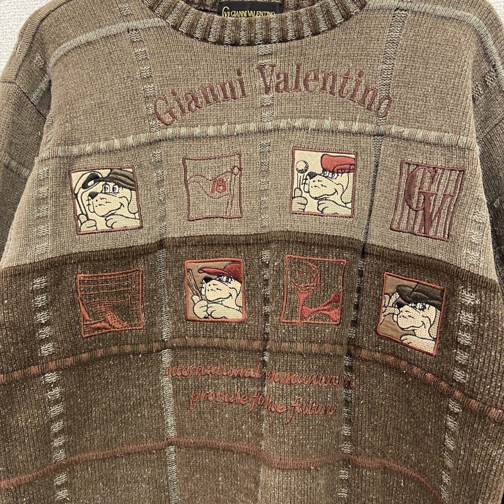 90s～　GIANNI VALENTINO　ジャンニ ヴァレンティノ　アクリルニットセーター　茶色　ブラウン　Mサイズ　　ヴィンテージ　古着