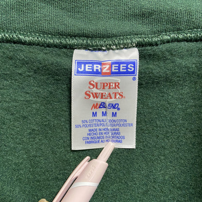 古着 used　JERZEES　ジャージーズ　長袖ハーフジッププリントスウェット　トレーナー　英字ロゴ　緑　グリーン　Mサイズ