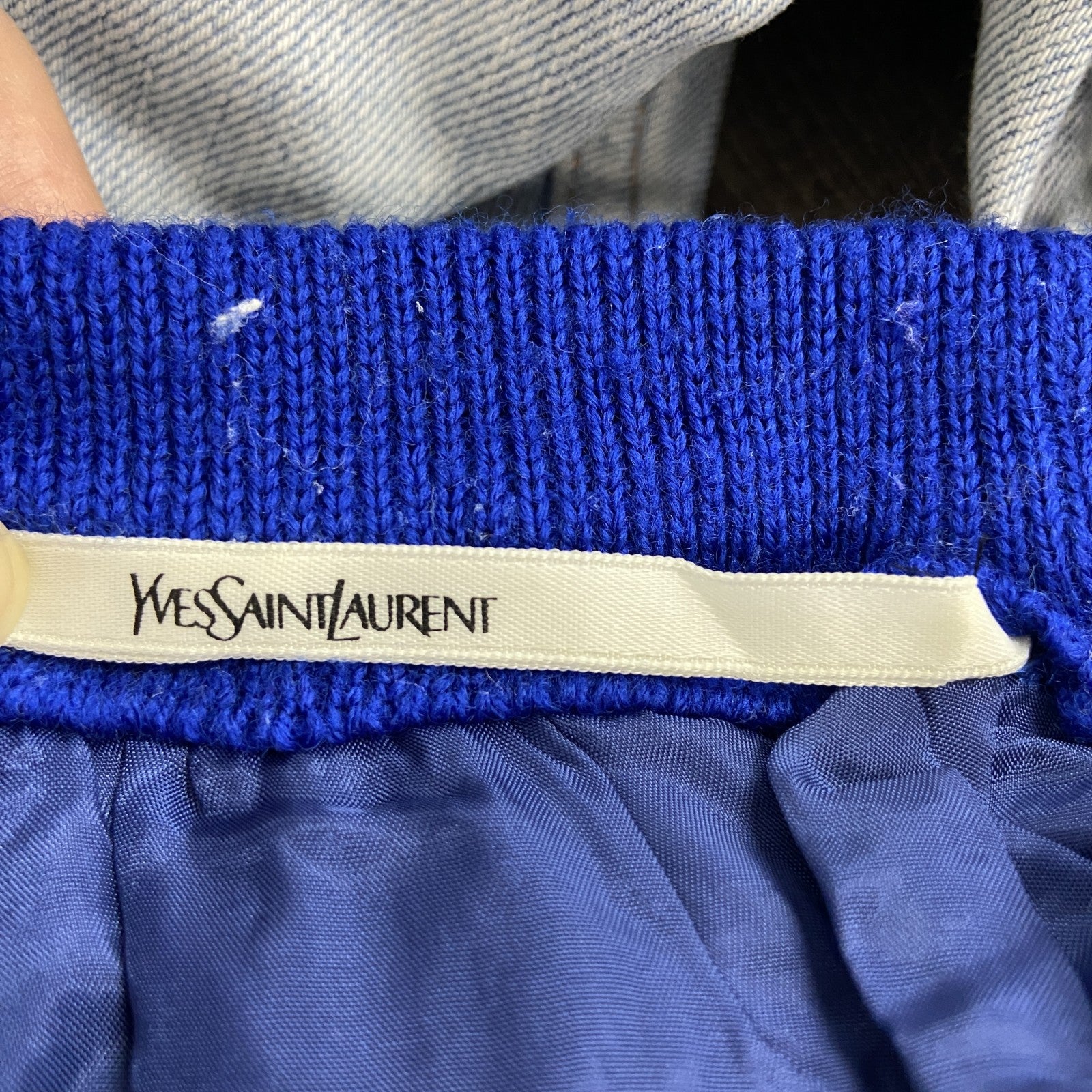 YVES SAINT LAURENT　レオパード柄スカート　ニトスカーット　総柄　青　ブルー　9号サイズ　古着